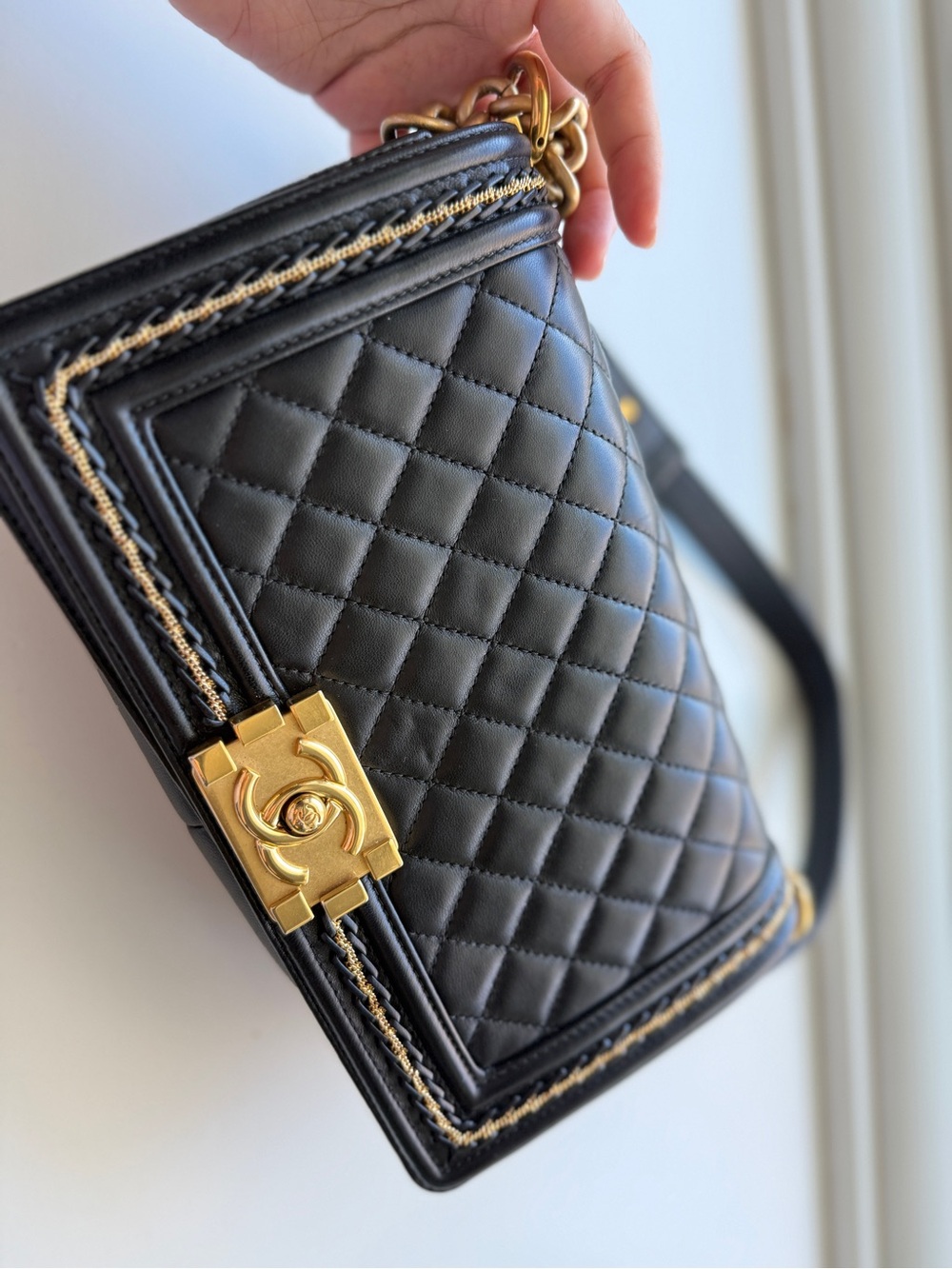CHANEL Boy Small Black Lambskin Quilted Gold Hardware Chain Shoulder Bag
